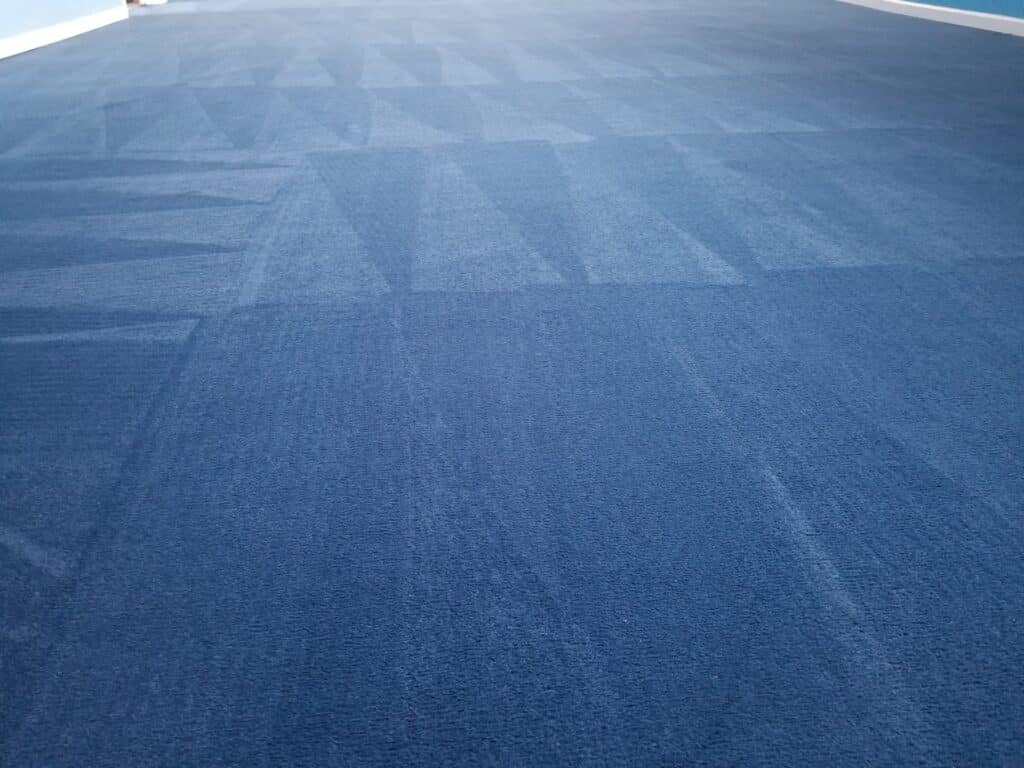 Clean blue carpet with visible vacuum cleaner tracks. Freshly cleaned carpet. Aladdin Magic Carpet Cleaning